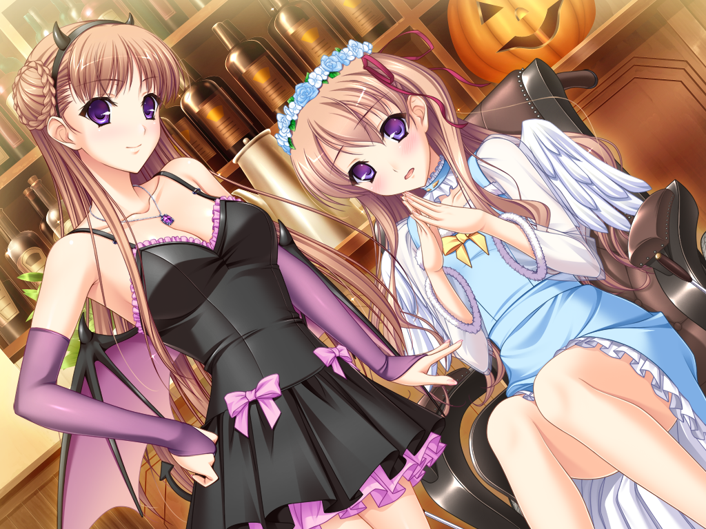 2girls, blush, breasts, brown_hair, cleavage, dress, elbow_gloves, embarrassed