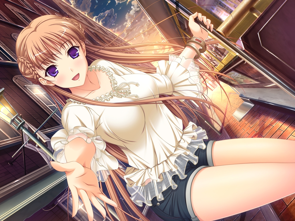 1girl, blush, breasts, brown_hair, clouds, collarbone, game_cg, happy