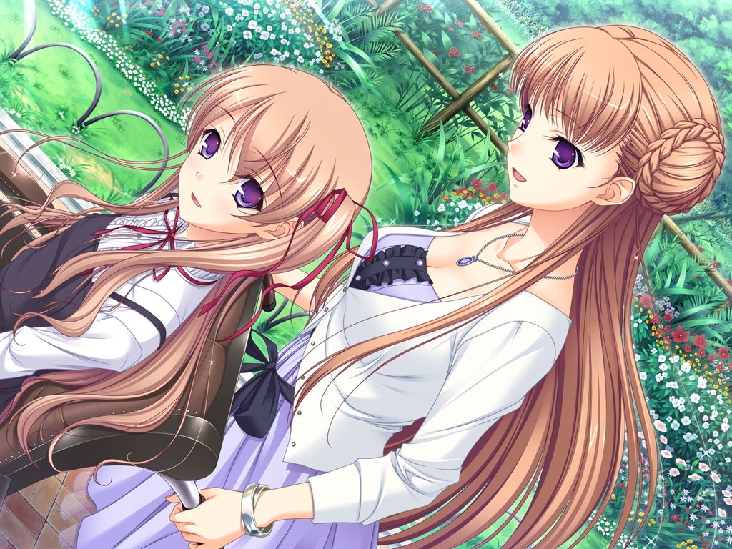 2girls, breasts, brown_hair, collarbone, flower, game_cg, grass, komori_kei