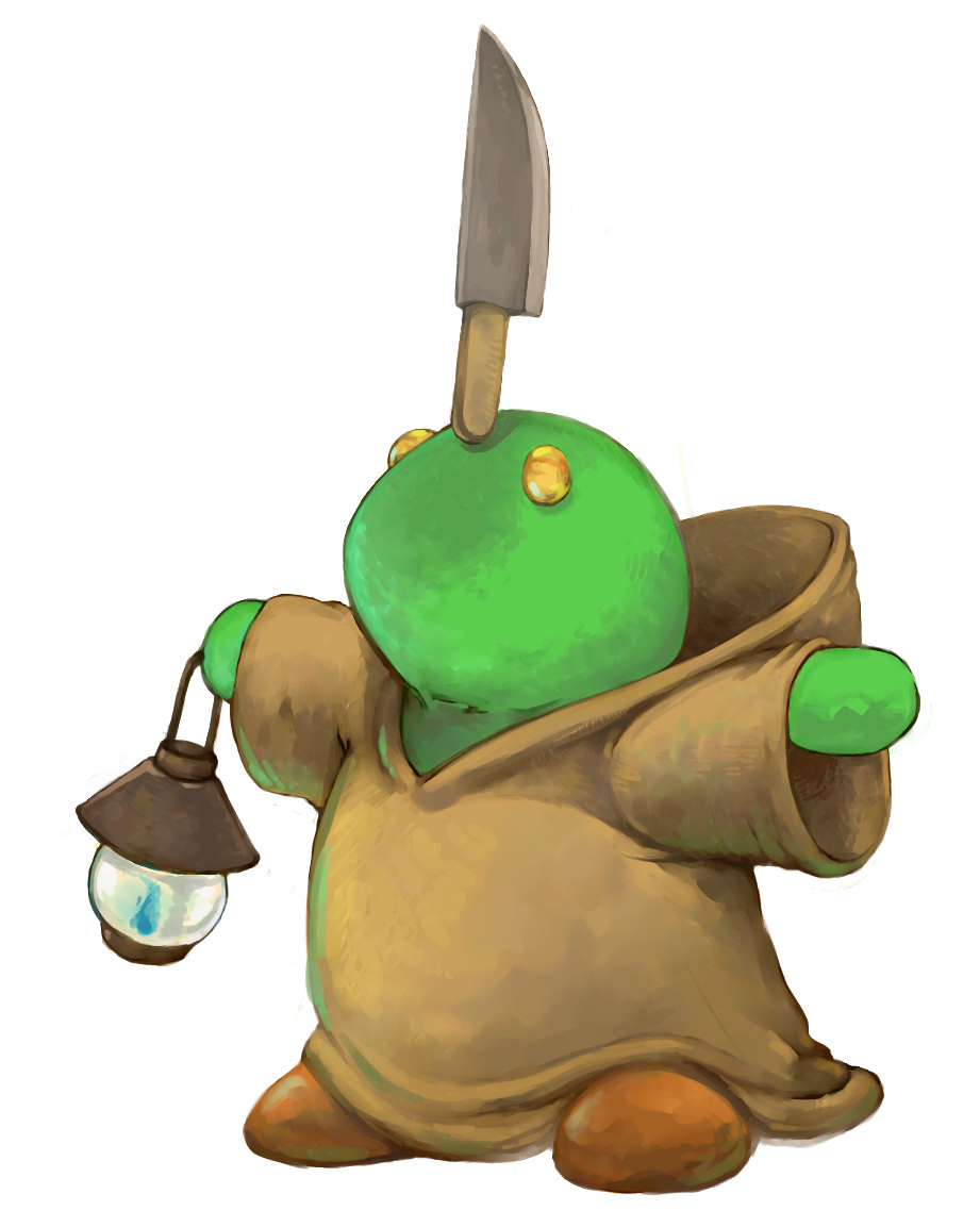 cloak, final_fantasy, green_skin, knife, lantern, monster, no_humans, simple_background