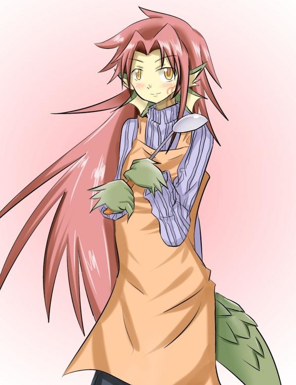 1girl, 884449, apron, dragon_girl, fins, granberia, long_hair, looking_at_viewer
