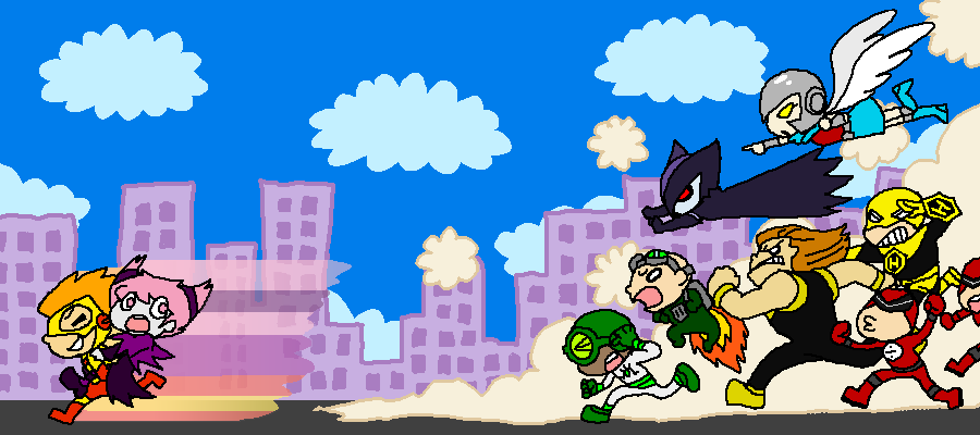 2girls, 6+boys, angel_(dc), bald, billy_numerous, bodysuit, cape, cartoon_network