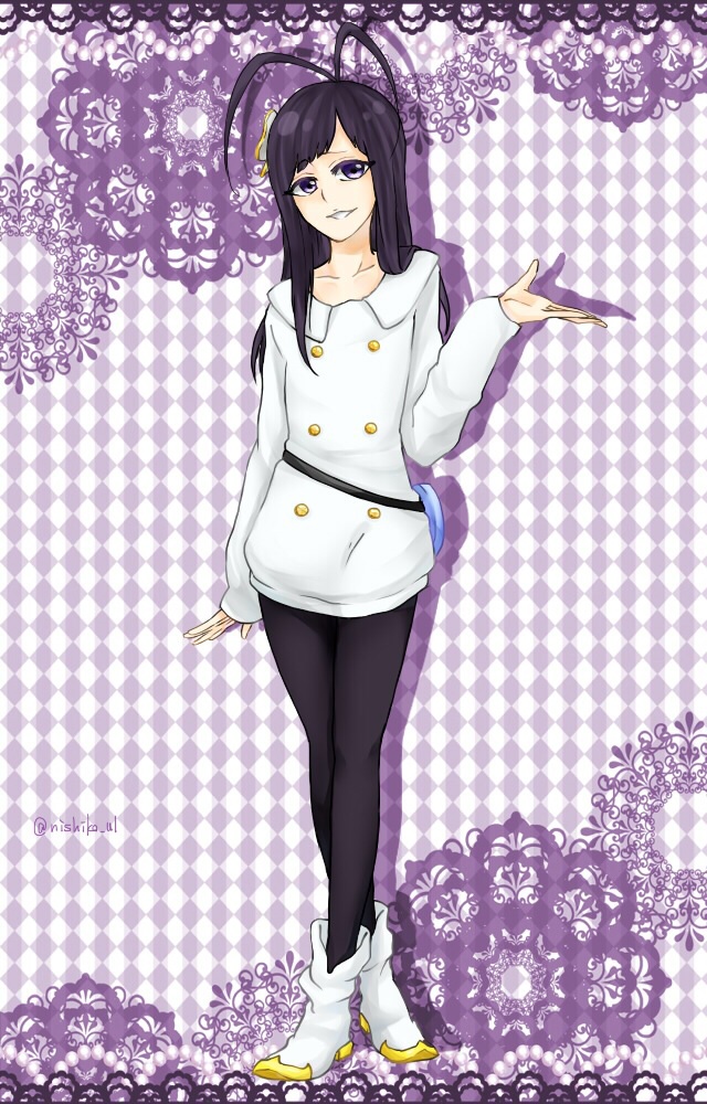 1boy, androgynous, black_hair, bleach, giselle_gewelle, long_hair, nishiko_(kagerou1230815), quincy_(bleach), solo, standing, trap, uniform, violet_eyes