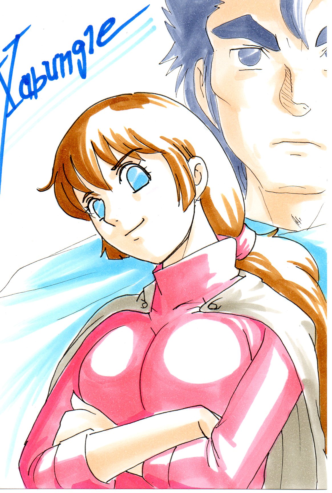 1boy, 1girl, blue_eyes, blue_hair, brown_hair, cape, hayami_jin, katakam_zushim, no_pupils, sentou_mecha_xabungle, virin_nada