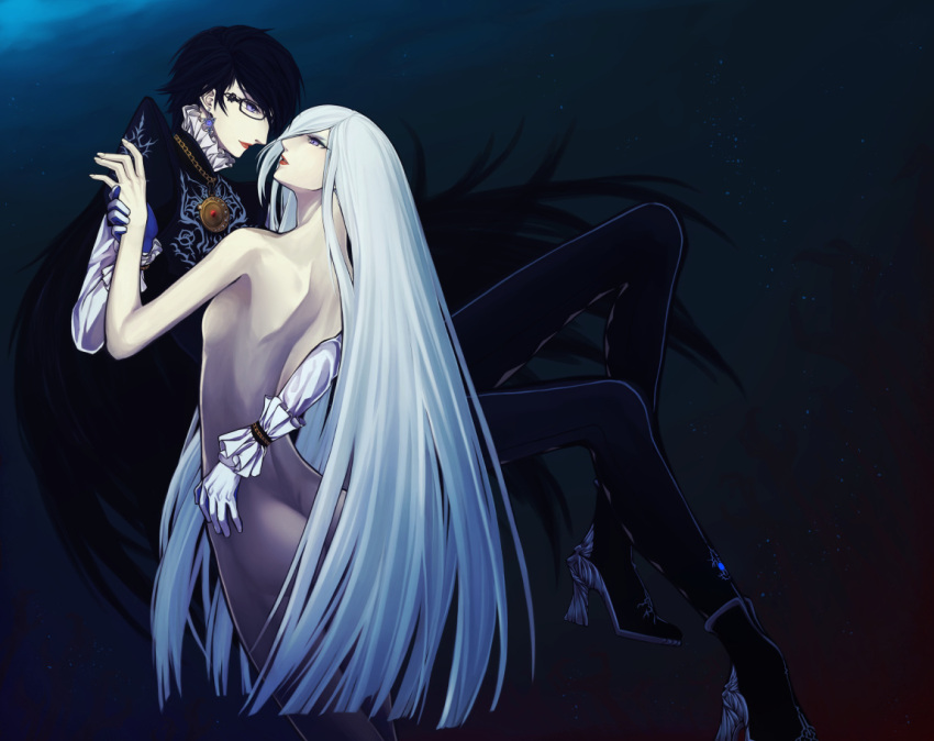 2girls, ass, back, bayonetta, bayonetta_(character), bayonetta_2, black_hair, clothed_female_nude_female