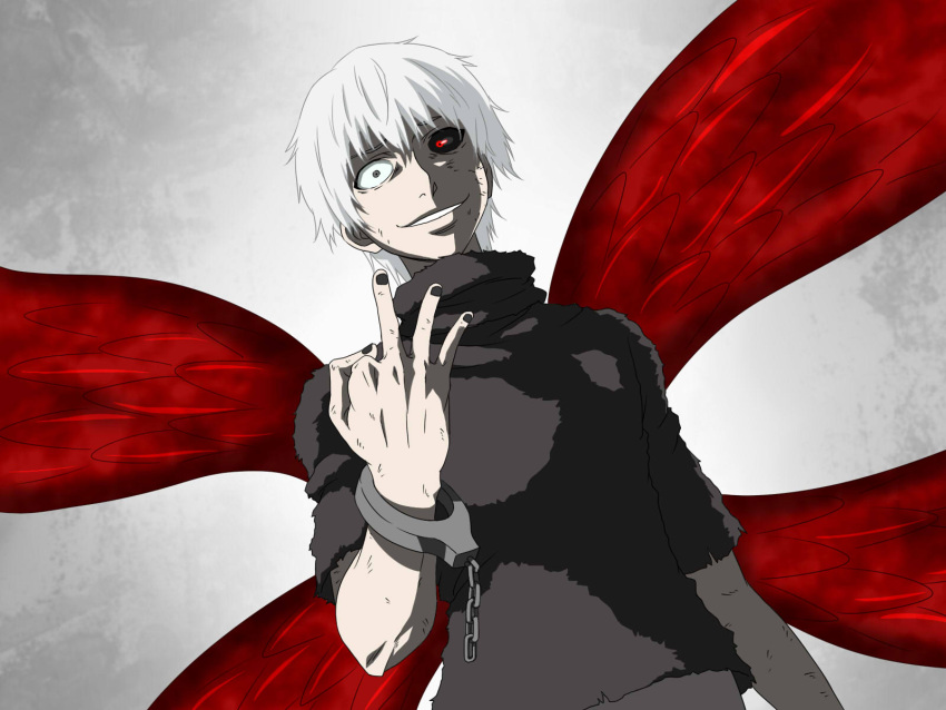 1boy, black_nails, black_sclera, crazy_eyes, crazy_smile, cuffs, grey_eyes, grin
