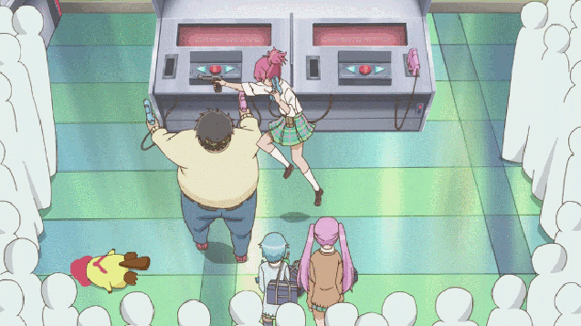 1boy, 3girls, animated, animated_gif, blood, goutokuji_kayo, kamo_(sabagebu!), karaage_lemon