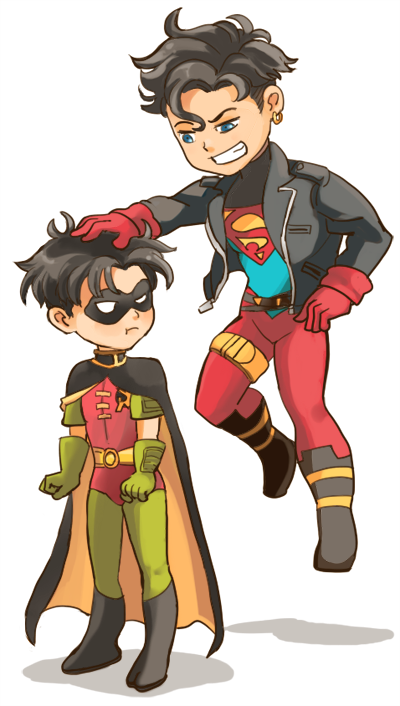 2boys, belt, black_hair, blue_eyes, bodysuit, boots, cape, dc_comics