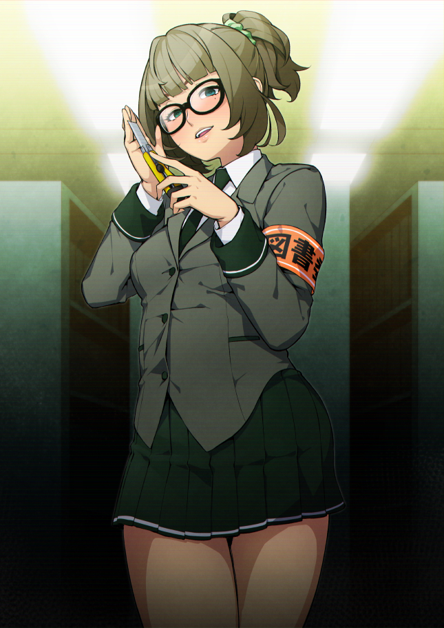 1girl, blue_eyes, blush, boxcutter, brown_hair, green_eyes, heterochromia, idolmaster