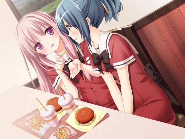 2girls, blue_hair, blush, cheese_burger, fastfood, french_fries, multiple_girls, pink_hair, school_uniform, shinozaki_rikka, shirakawa_sayuki, sono_hanabira_ni_kuchizuke_wo