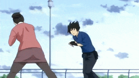 1boy, 1girl, android, animated, animated_gif, aoi_souta, black_hair, fighting, fingerless_gloves, glasses, gloves, holon, lowres, ponytail, real_drive, skirt