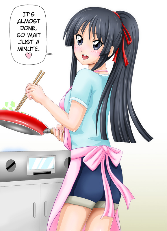 1girl, akiyama_mio, apron, black_eyes, black_hair, casual, cooking, denim, denim_shorts, female, frying_pan, gradient, gradient_background, hard_translated, k-on!, long_hair, ponytail, shorts, solo, tomo_(pixiv), translated, white_background