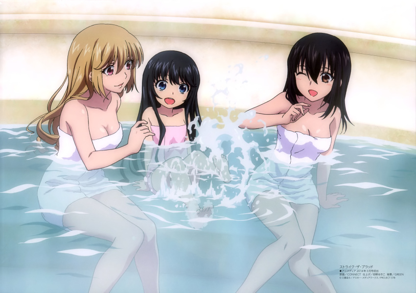 3girls, :d, ;d, absurdres, aiba_asagi, barefoot, bathing, blonde_hair