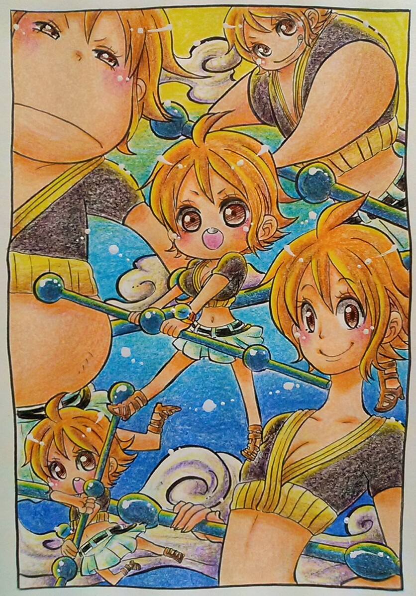 1girl, enies_lobby, graphite_(medium), midriff, multiple_persona, nami_(one_piece), one_piece, onexone, orange_hair, short_hair, smile, staff, traditional_media
