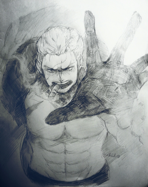 1boy, abs, cigar, gloves, graphite_(medium), male_focus, monochrome, nude_jacket, one_piece, open_clothes, open_shirt, scar, shirt, smoker, smoking, solo, traditional_media