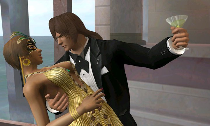 1boy, 1girl, 3d, breasts, brown_hair, dancing, dark_skin, dead_or_alive, dead_or_alive_dimensions, dress, large_breasts, lisa_hamilton, mask, ninja_gaiden, ryu_hayabusa, screencap, tuxedo