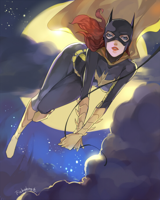 1girl, barbara_gordon, bat_(symbol), batgirl, batman_(series), cape, clouds, dc_comics, fishghost, grapnel, grapple, night, redhead, rope, solo, yellow_shoes