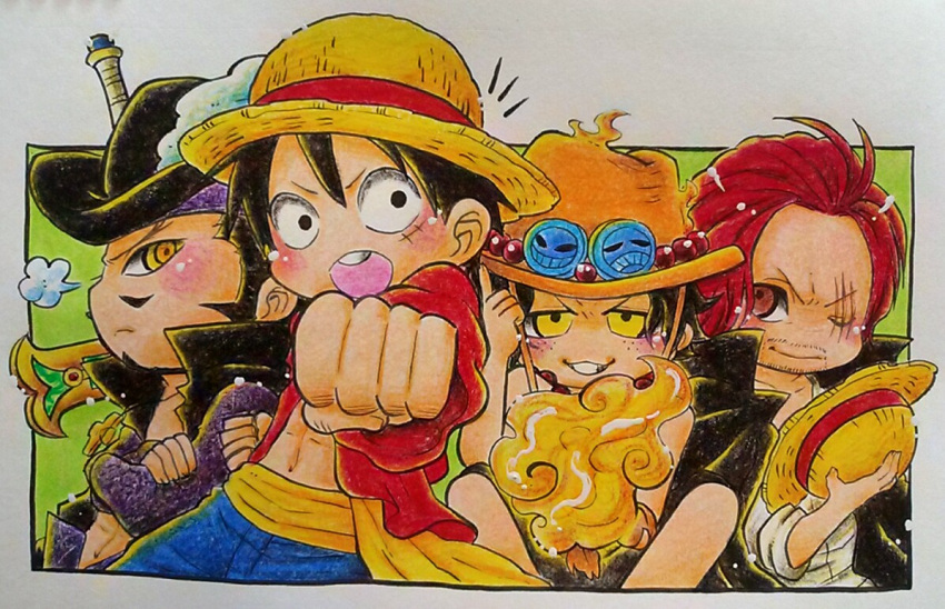 4boys, black_hair, brothers, chibi, dracule_mihawk, fire, freckles, graphite_(medium)