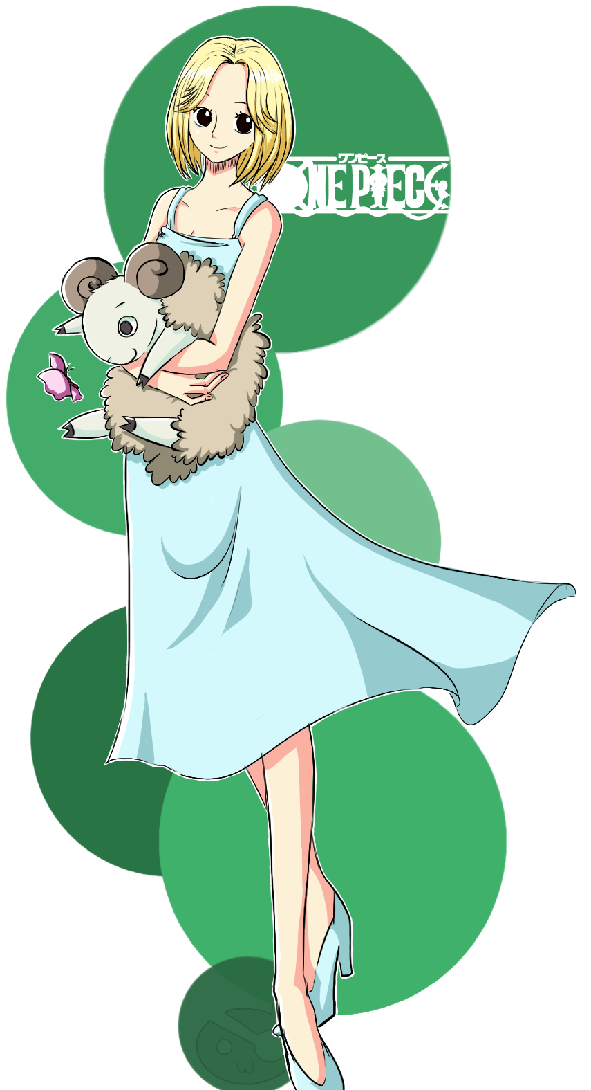1girl, blonde_hair, butterfly, carrying, copyright_name, dress, east_blue, high_heels