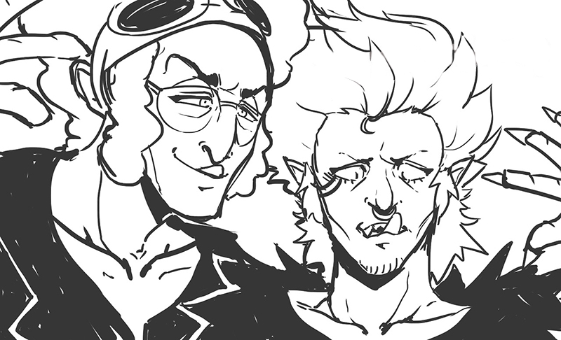 2boys, alternate_costume, bartolomeo, facial_mark, gambia, glasses, monochrome, multiple_boys