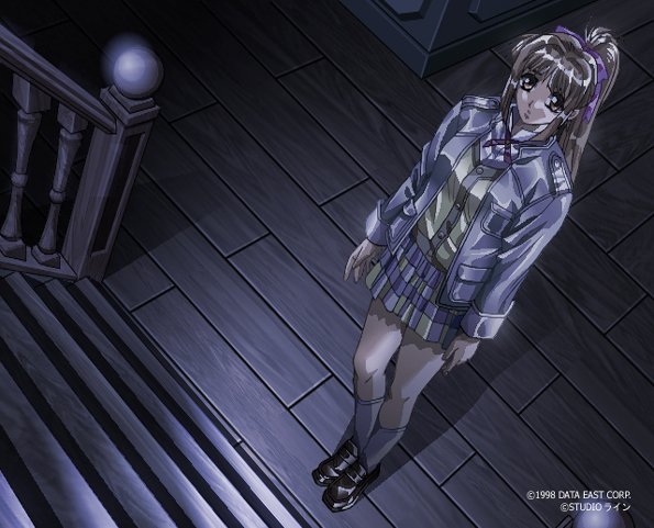 1girl, chisa_aoki, douoku_soshite, game_cg, pleated_skirt, ribbon, skirt, solo