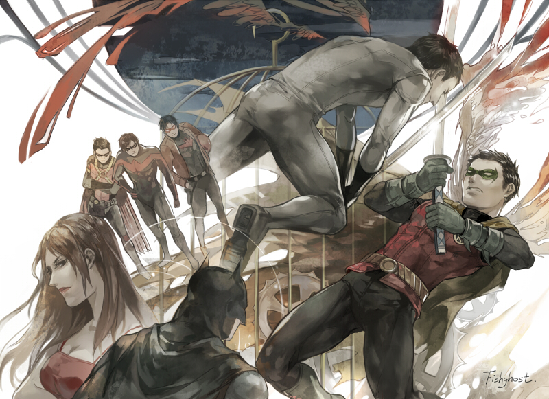 1girl, 5boys, bat_(symbol), batman, batman_(series), birdcage, black_hair, bodysuit