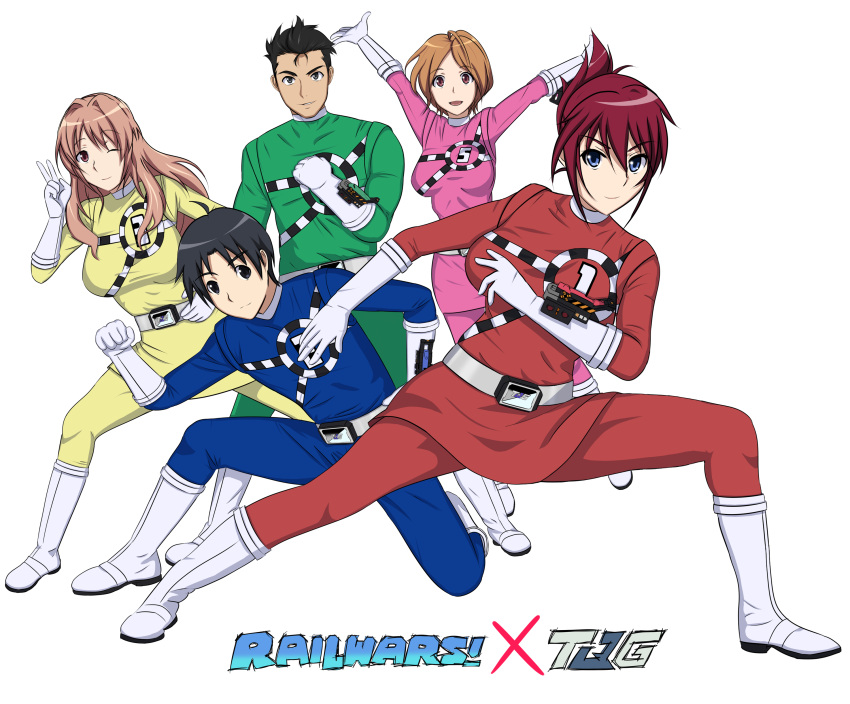 2boys, 3girls, belt, black_eyes, black_hair, blue, blue_eyes, boots