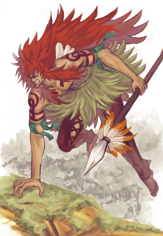 1boy, arisue_kanako, calgara, facial_mark, forest, grass_skirt, long_hair, male_focus, nature, one_piece, polearm, redhead, running, skypiea, solo, spear, topless, weapon