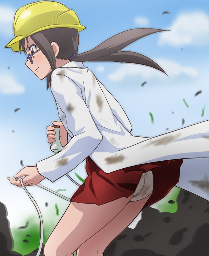 1girl, ass, black_hair, blue_sky, brown_eyes, glasses, happinesscharge_precure!, haruyama_kazunori, hat, helmet, jindaiji_mami, labcoat, long_hair, panties, pantyshot, precure, profile, red_skirt, school_uniform, skirt, skirt_lift, sky, solo, underwear, upskirt, white_panties, wind_lift