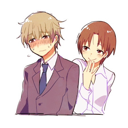 1boy, 1girl, bad_id, blush, brown_hair, hasebe_kaoru, husband_and_wife, inasaba, lowres, servant_x_service, short_hair, sogawa_(servant_x_service)