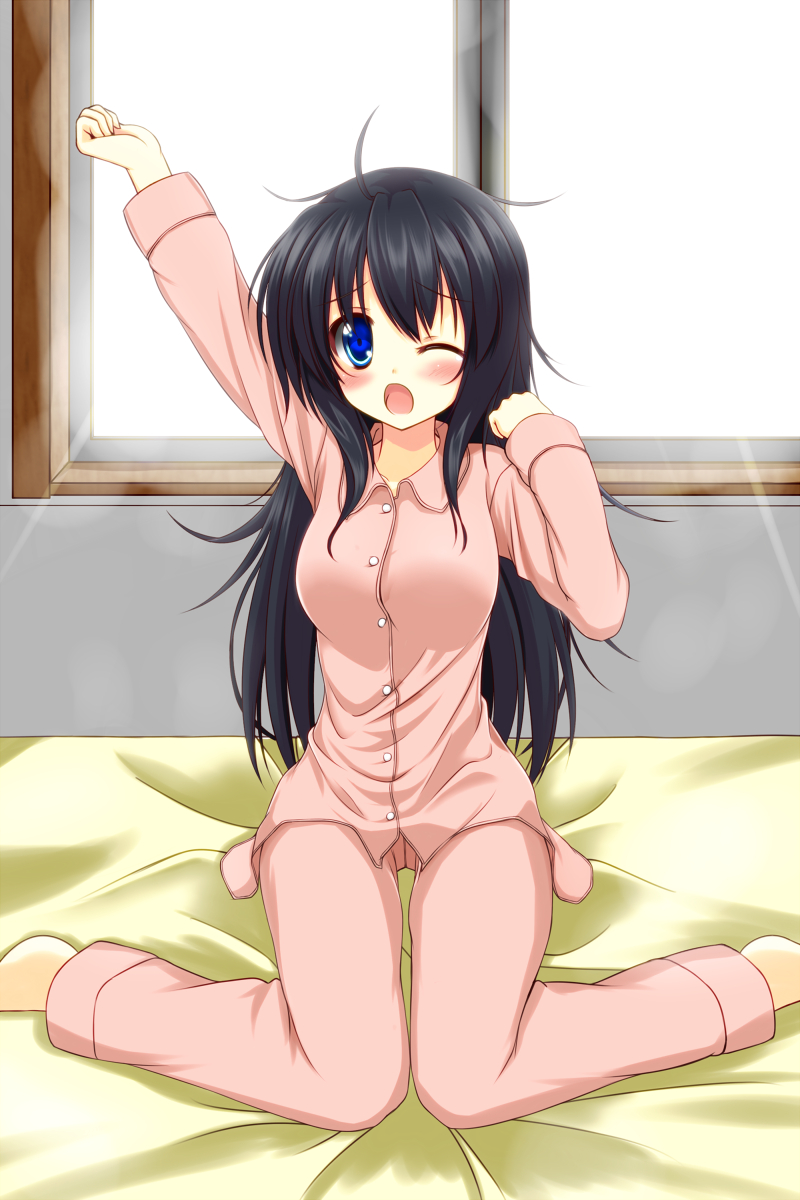 1girl, ;o, air_punch, arm_up, bed, black_hair, blue_eyes, highres
