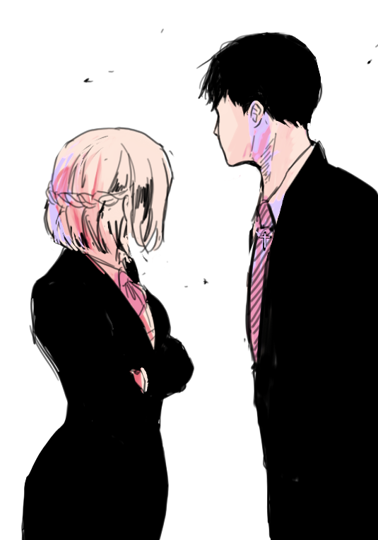 1boy, 1girl, amon_koutarou, black_hair, braid, crossed_arms, formal, from_behind