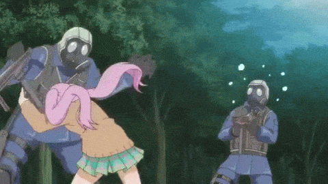 2girls, animated, animated_gif, battle, blood, kasugano_urara_(sabagebu!), lowres, multiple_boys