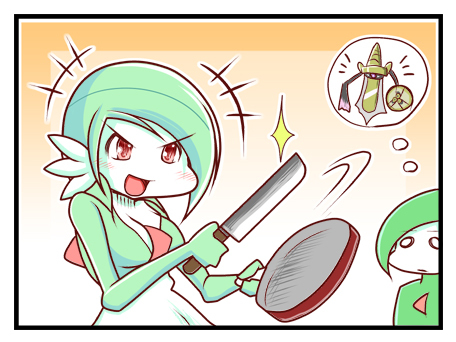 aegislash, blush, breasts, cleavage, frying_pan, gallade, gardevoir, lowres
