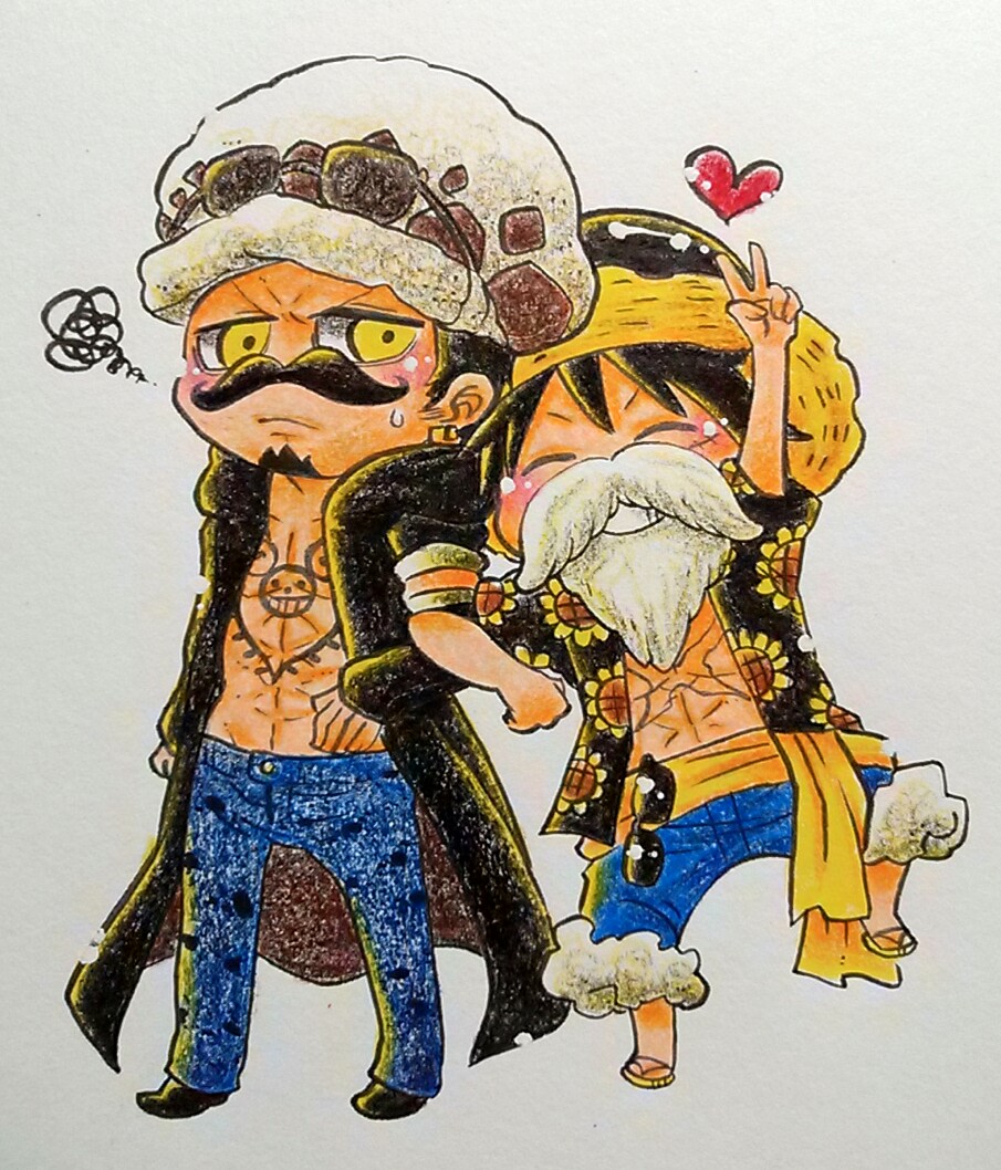 2boys, beard, chibi, dressrosa, facial_hair, fake_mustache, graphite_(medium), hat