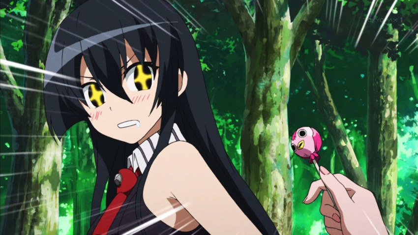 1girl, akame, akame_ga_kill!, black_hair, candy, lollipop, long_hair, night_raid, red_eyes, screencap, standing, very_long_hair