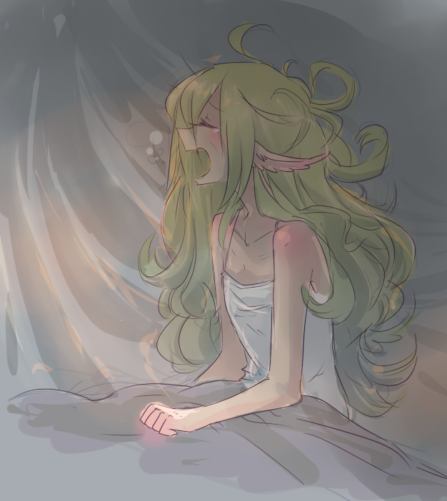 bed, blanket, closed_eyes, fire_emblem, fire_emblem:_kakusei, green_hair, messy_hair, nowi_(fire_emblem)