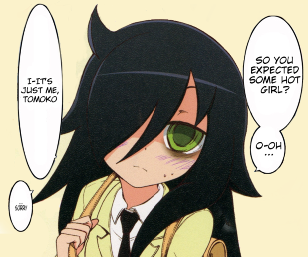 1girl, bags_under_eyes, black_hair, blush, green_eyes, kuroki_tomoko, looking_at_viewer, tagme