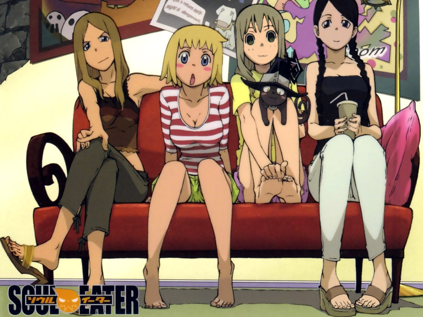 barefoot, black_cat, black_hair, blair, blonde_hair, braids, breasts, cat, cleavage, elizabeth_thompson, feet, highres, liz_thompson, maka_albarn, nakatsukasa_tsubaki, patricia_thompson, patti_thompson, shoes, soles, soul_eater, toes, tsubaki_nakatsukasa, wallpaper