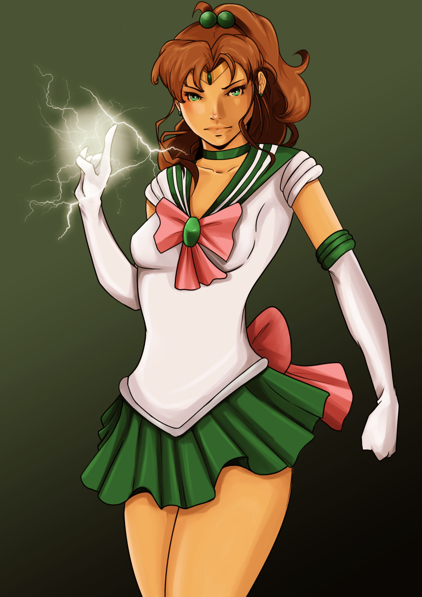 1girl, bishoujo_senshi_sailor_moon, bow, brown_hair, earrings, elbow_gloves, gloves, green_eyes, green_skirt, hair_bobbles, hair_ornament, highres, jewelry, kino_makoto, ponytail, sailor_jupiter, skirt, solo, szajnie, tiara, white_gloves