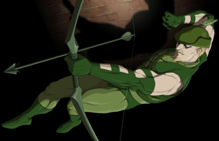 1boy, archer, arrow, blonde_hair, bow_(weapon), dc_comics, domino_mask, gb_(doubleleaf)