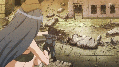 2girls, animated, animated_gif, battle, blood, breasts, fingerless_gloves, gloves