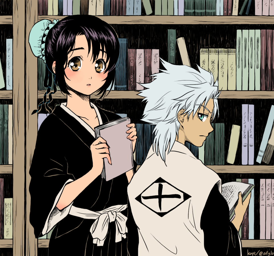 1boy, 1girl, afglo, black_hair, bleach, blush, book, bookshelf, brown_eyes, bun_cover, from_behind, green_eyes, hair_bun, haori, hinamori_momo, hitsugaya_toushirou, holding_book, japanese_clothes, looking_at_viewer, looking_back, sash, taichou_haori, white_hair
