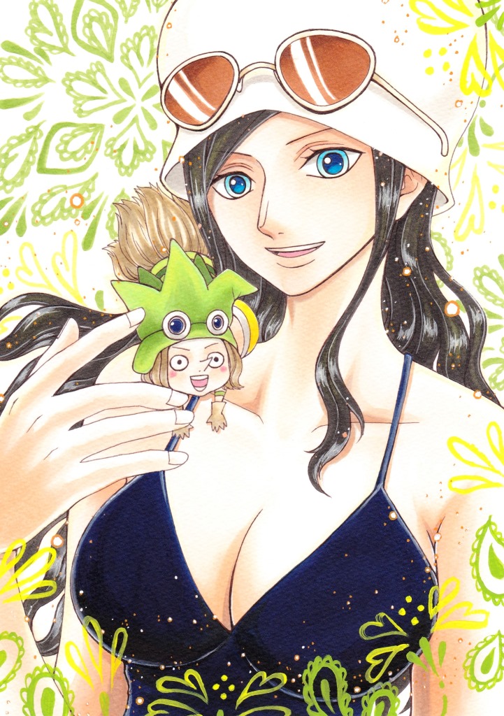 1boy, 1girl, :d, black_hair, blue_eyes, blush_stickers, breasts, cleavage, dress, dressrosa, dwarf, hat, large_breasts, leo_(one_piece), long_hair, looking_at_viewer, nico_robin, one_piece, open_mouth, rio-sa, smile, sunglasses, sunglasses_on_head