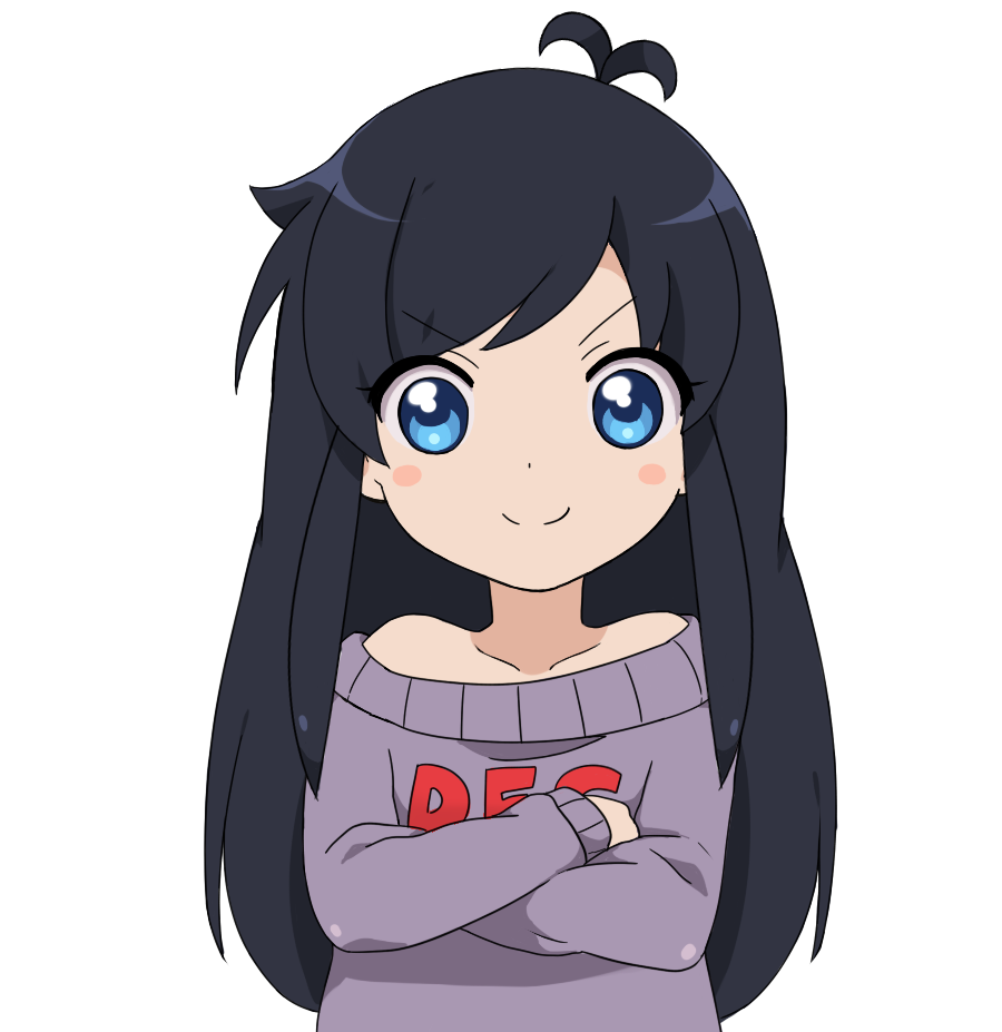 ahoge, black_hair, blue_eyes, blush, dfc-tan, long_hair, oomuro_sakurako, parody
