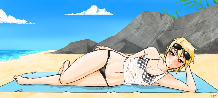 10s, 1girl, barefoot, beach, beach_towel, bikini, blonde_hair, blush