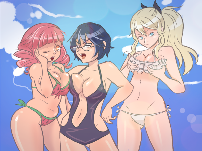 10s, 3girls, bikini, blonde_hair, blue_hair, breast_envy, breast_grab, breast_press, breasts, drill_hair, grabbing, hakamichi_shizune, katawa_shoujo, large_breasts, mikado_shiina, monokini, multiple_girls, pink_hair, satou_lilly, side-tie_bikini, swimsuit