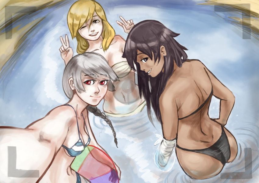 10s, 3girls, ass, beach, bikini, black_hair, blonde_hair, braid
