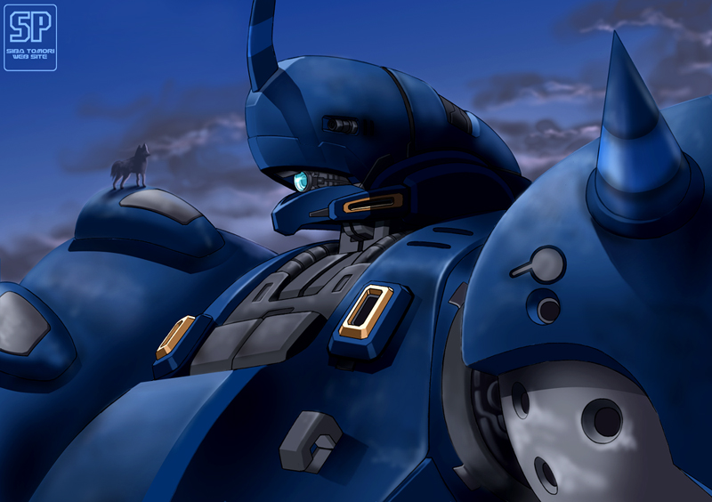 80s, animal, animal_on_shoulder, dog, gundam, gundam_0080, kampfer_(mobile_suit), mecha
