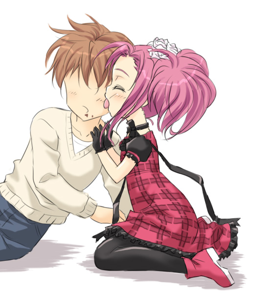 chocolate, closed_eyes, face_lick, face_licking, gloves, licking, long_hair, masakichi_(crossroad)